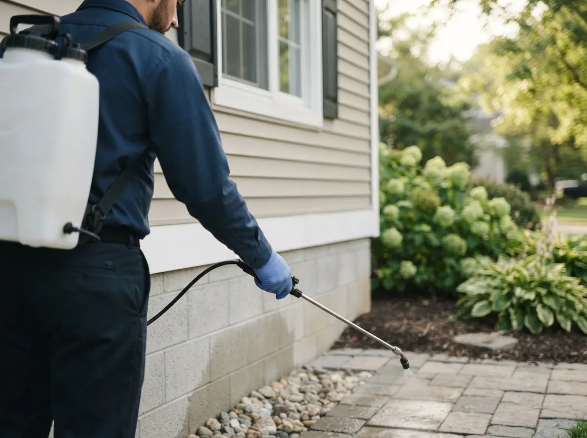 Pest control technician inspecting a home in Miamitown, OH